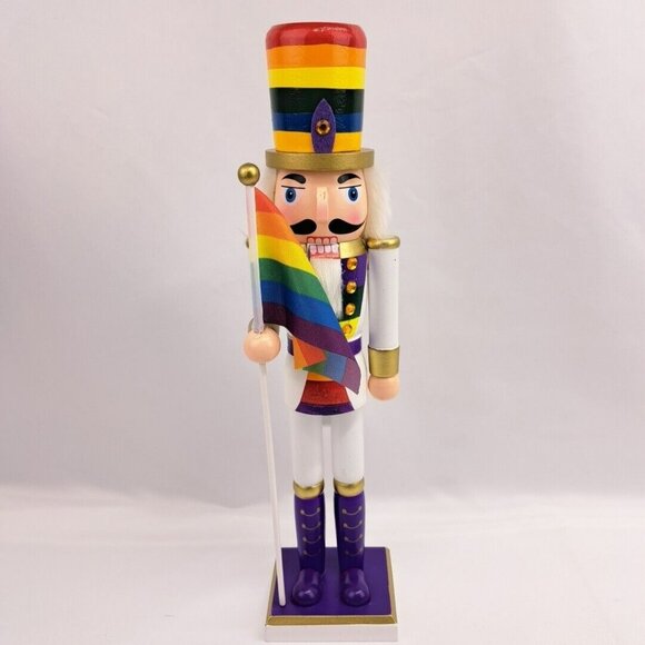 Wooden Christmas Gay And Pride Themed Flag 15 Inch Tall Nutcraker - Picture 2 of 14